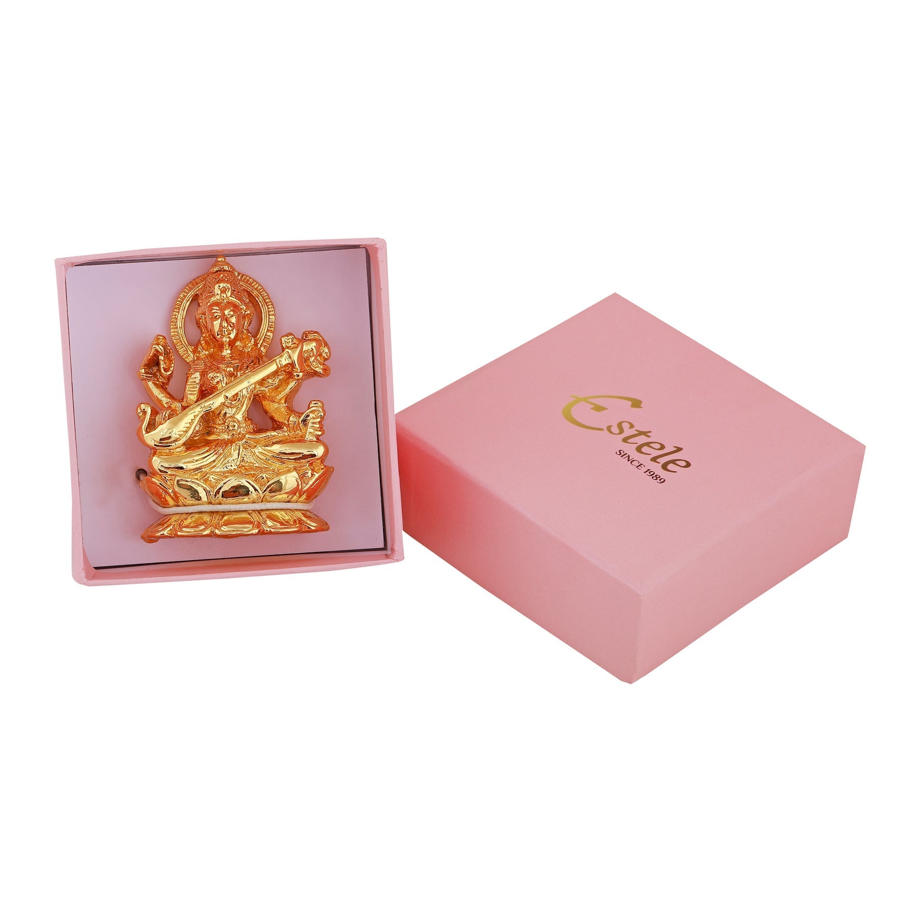 Estele Gold-Polished Goddess of Knowledge Sarasavti Ma Idol for Pooja & Car decor - Swadesiicart