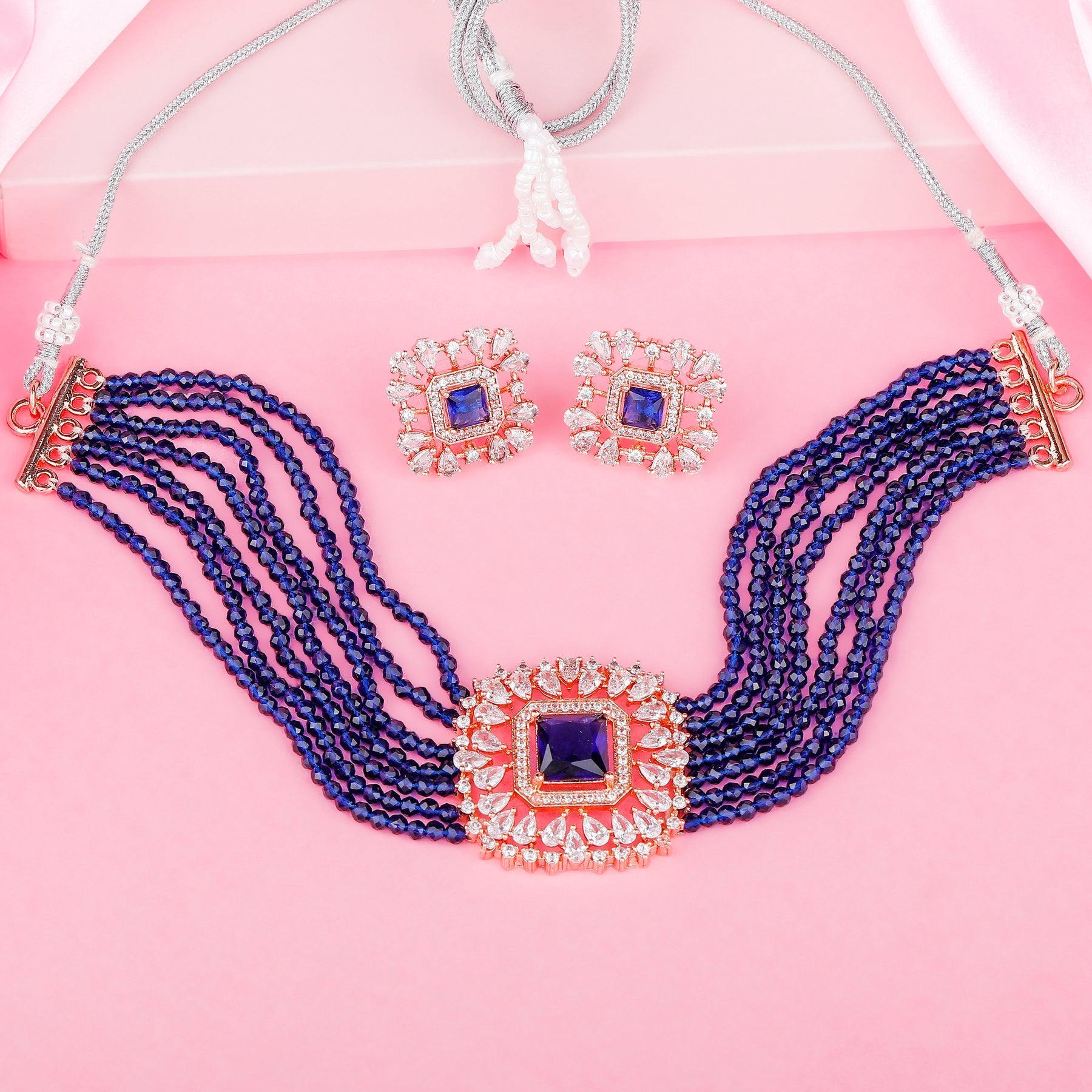 Estele Rose Gold-Polished CZ Square Choker Necklace Set with Navy Blue Beads for Women - Swadesiicart