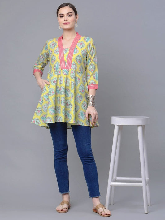 Ahalyaa Women Cotton Blend Lemon Yellow Digital Printed Tunic | Swadesiicart