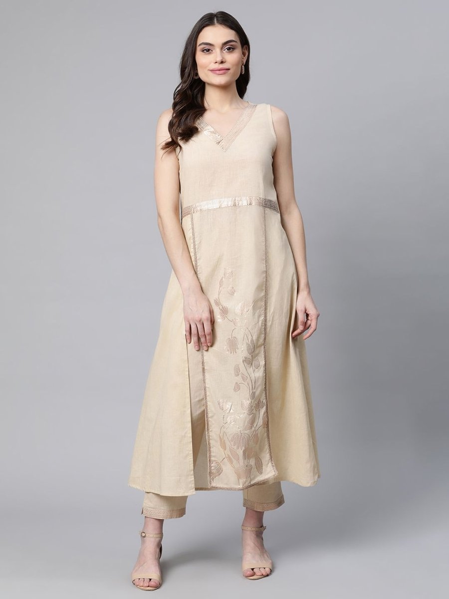 Ahalyaa Women Beige Pure Cotton Printed Floral Kurta With Trousers | Swadesiicart