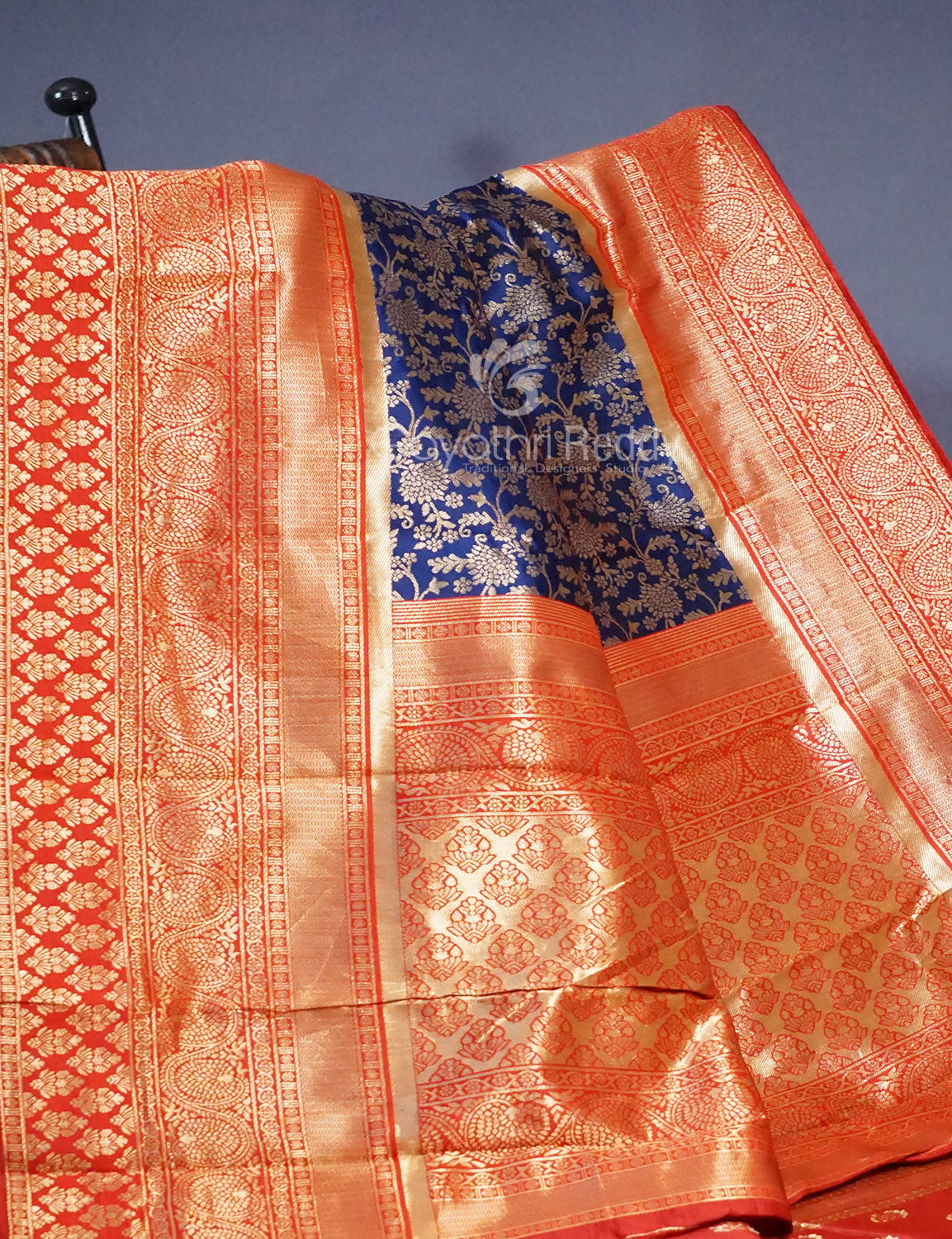 Shades of Navy Blue Floral Designbanaras Semi Silk Saree By Gayathri Reddy Designer Studio | Swadesiicart