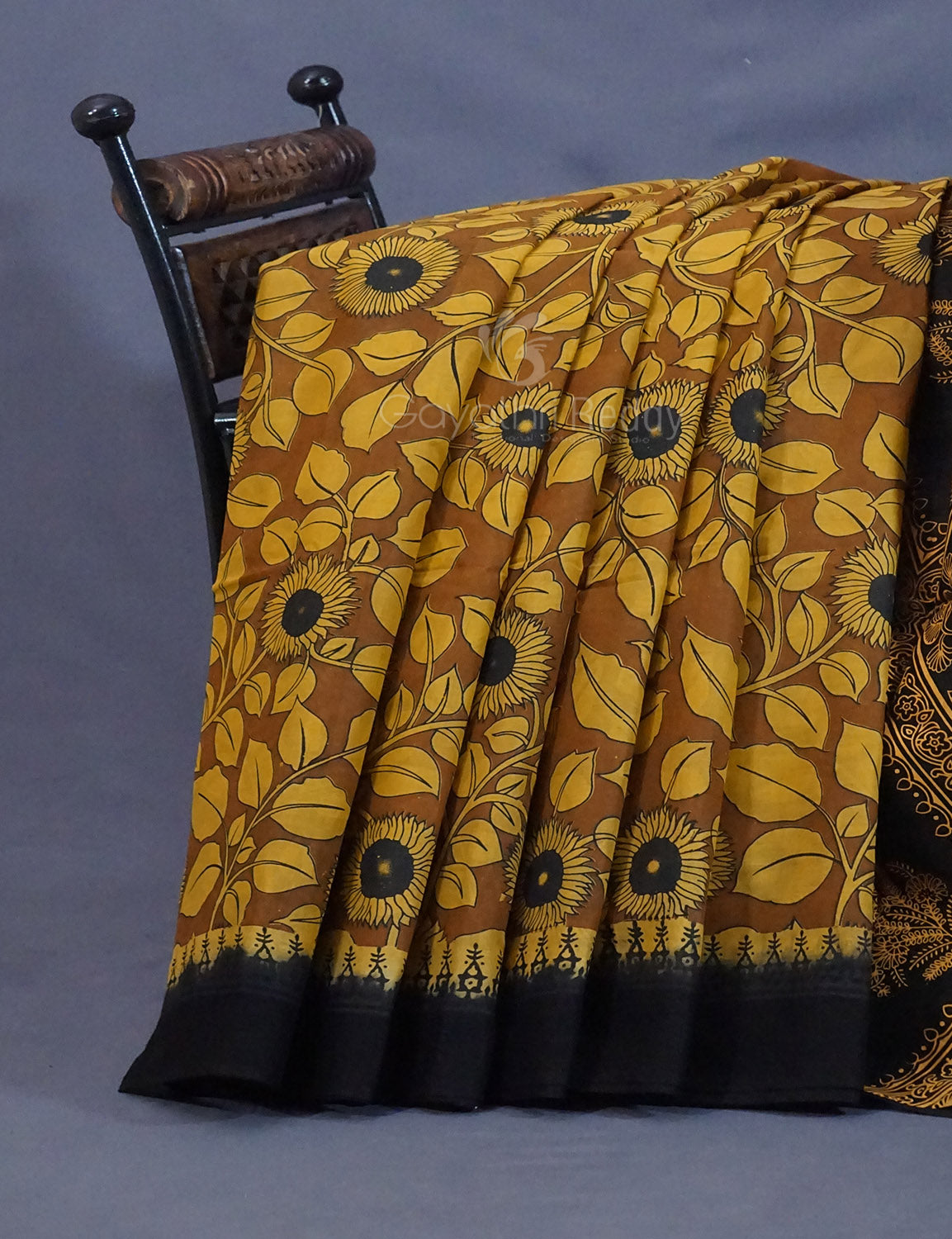 Shades of Khaki And Mustard Colour Kalamkari Pure Mulmul Cotton Saree By Gayathri Reddy Designer Studio | Swadesiicart