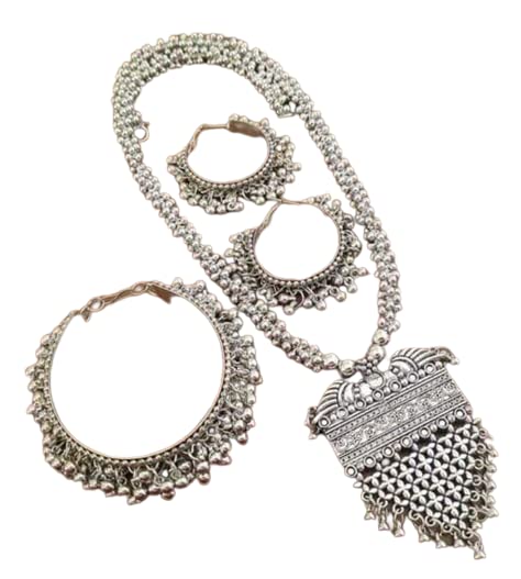 Tehzeeb Creations Women's Silver Colour Oxidised Necklace Earring And Bangle Set - Swadesiicart