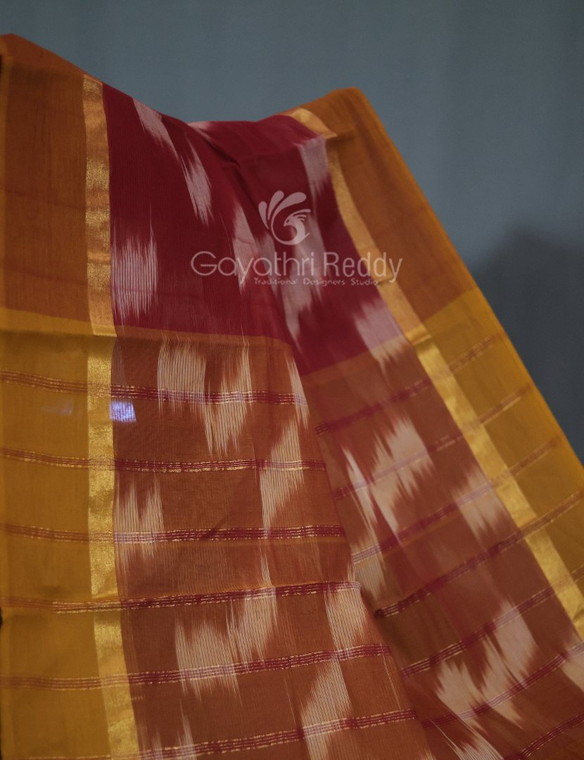 Dual Shades of Maroon And Chikoo Mangalagiri Ikkat Cotton Saree By Gayathri Reddy Designer Studio | Swadesiicart
