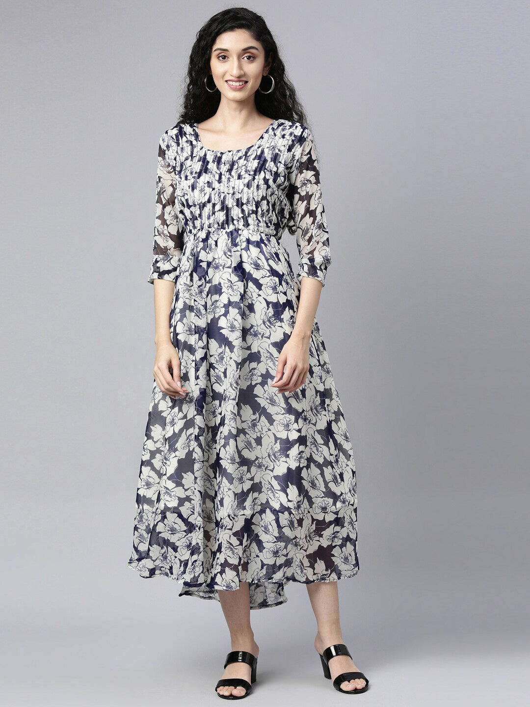 Souchii Floral Printed Chiffon Empire Midi Dress - SOUCHII