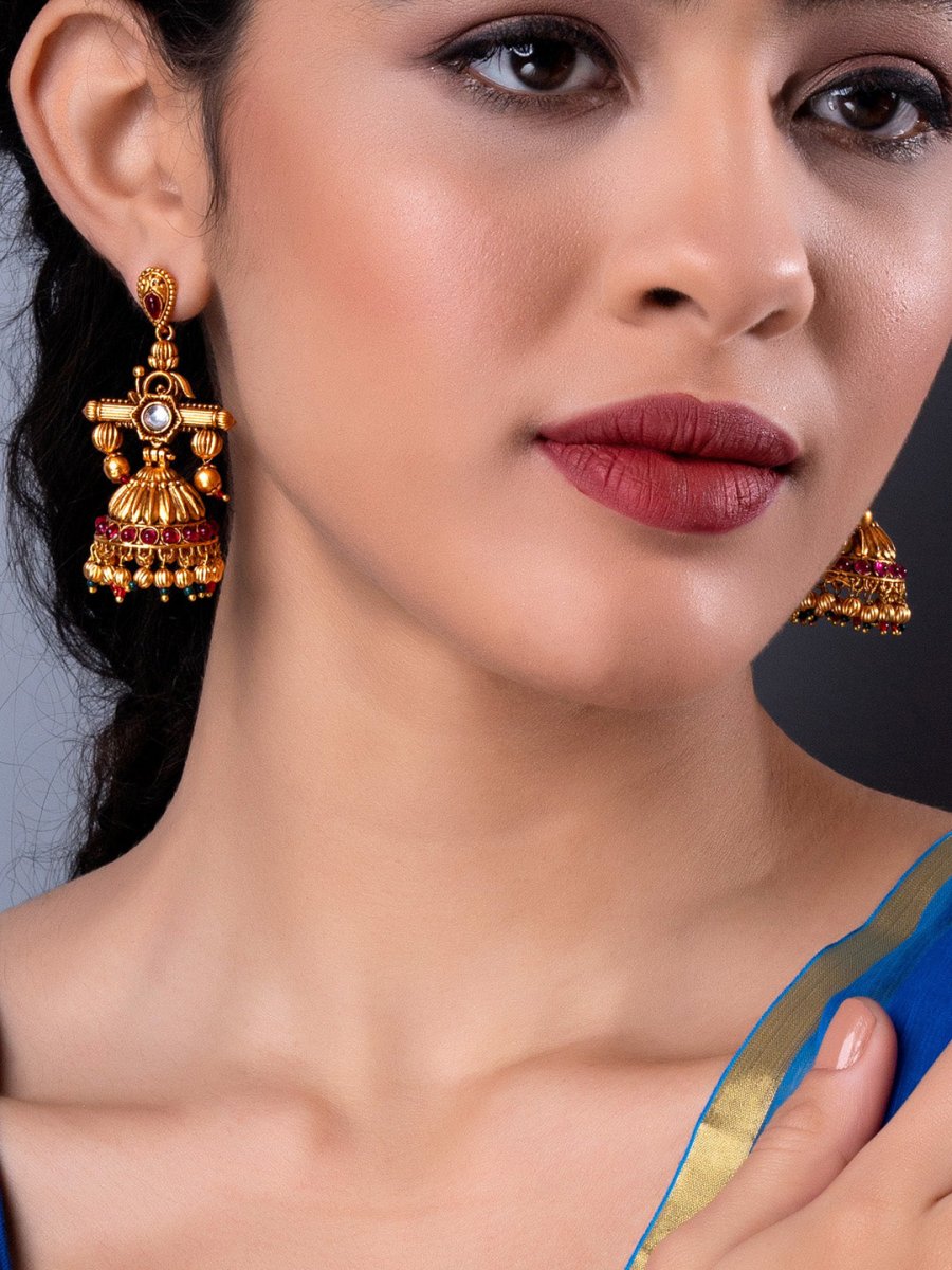Aadita Gold-Toned Geometric Jhumkas Earrings - Swadesiicart