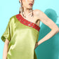 InWeave Women's Olive Red Brocade Satin Oneshoulder Kurta Set - Swadesiicart