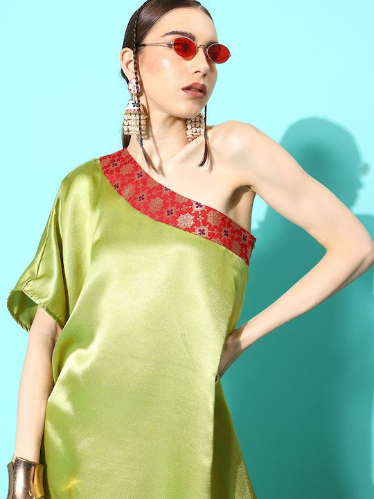 InWeave Women's Olive Red Brocade Satin Oneshoulder Kurta Set - Swadesiicart