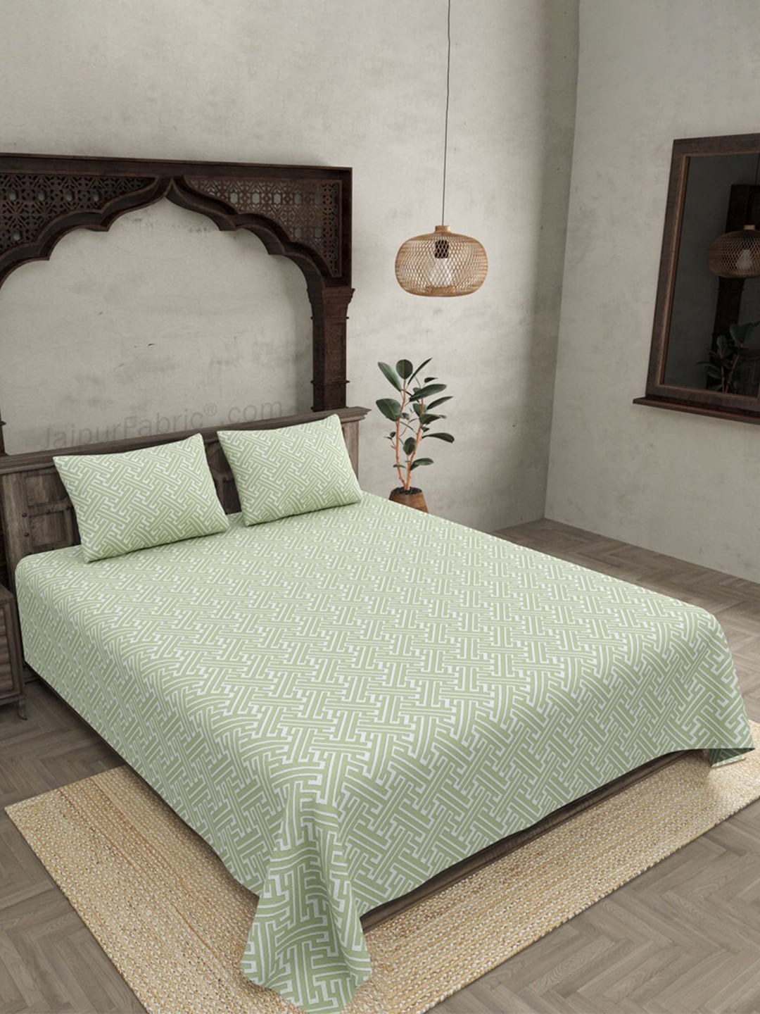 JAIPUR FABRIC Green & White Ethnic Motifs 250 TC Cotton King Bedsheet with 2 Pillow Covers | Swadesiicart