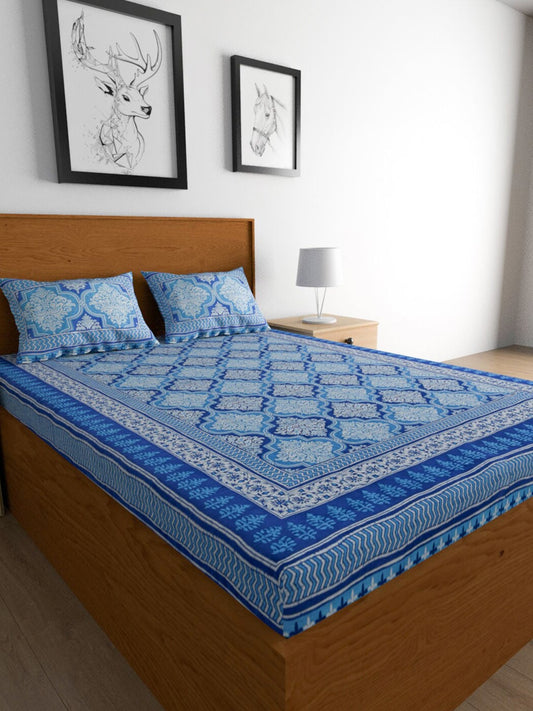 Urban Magic Blue Printed Cotton 104 TC King Bedsheet with 2 Pillow Covers - Swadesiicart