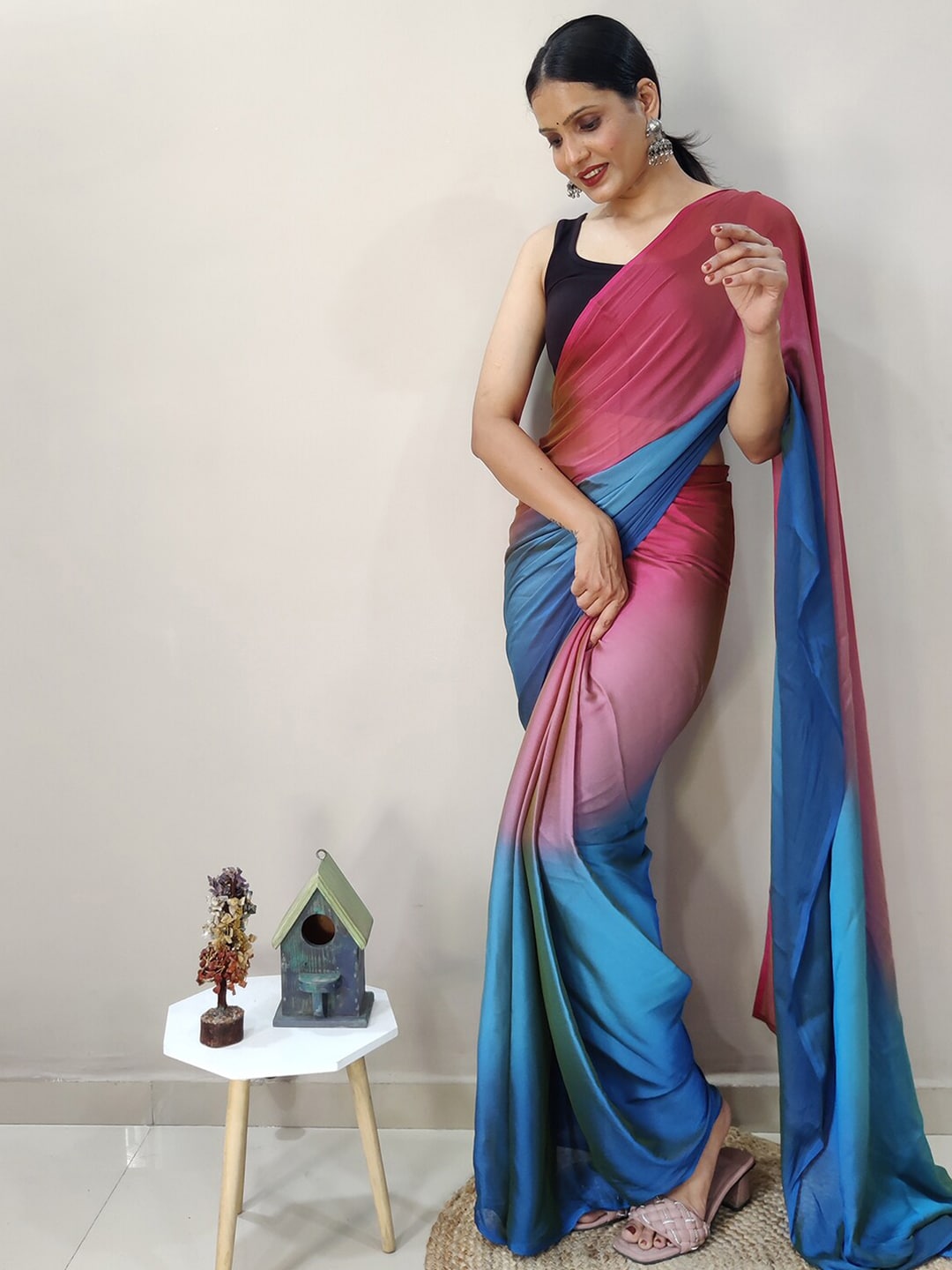 Mitera Pink & Blue Ombre Ready To Wear Saree | Swadesiicart