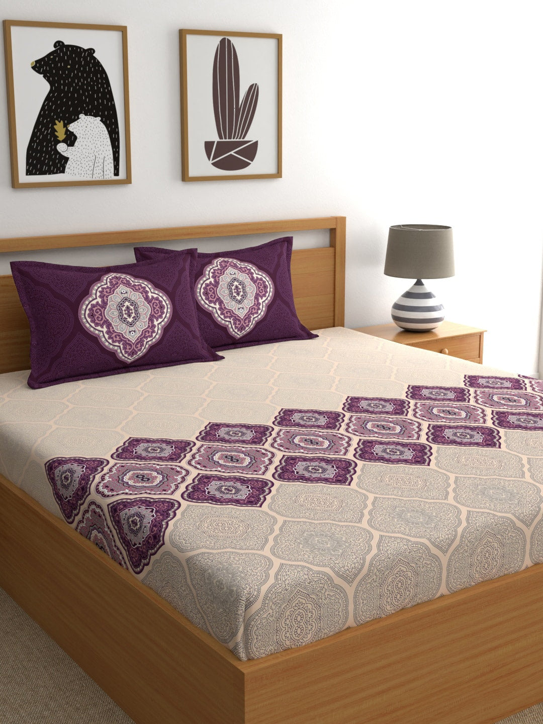 Dreamscape Purple & Cream-Coloured 144 TC Bedsheet with Pillow Covers - Swadesiicart