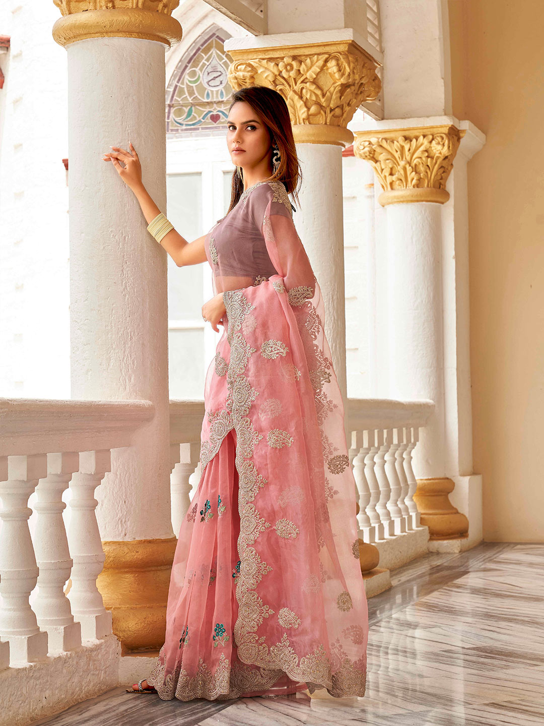Tikhi Imli Floral Beads and Stones Organza Heavy Work Saree | Swadesiicart