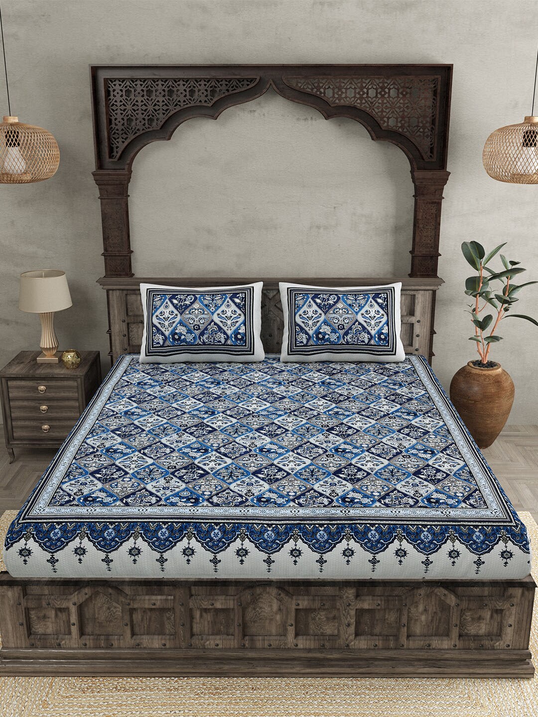 JAIPUR FABRIC Festival Waves Blue & White Cotton 210 TC Queen Bedsheet & 2 Pillow Covers | Swadesiicart