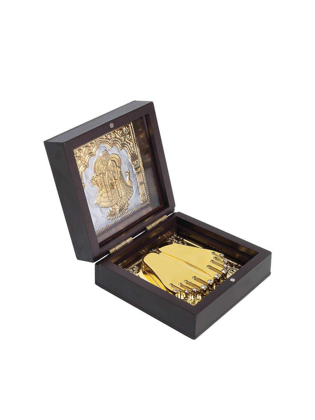 Golden Peacock Black 24 Ct Gold Polished Radha Krishna Wooden Prayer Box | Swadesiicart
