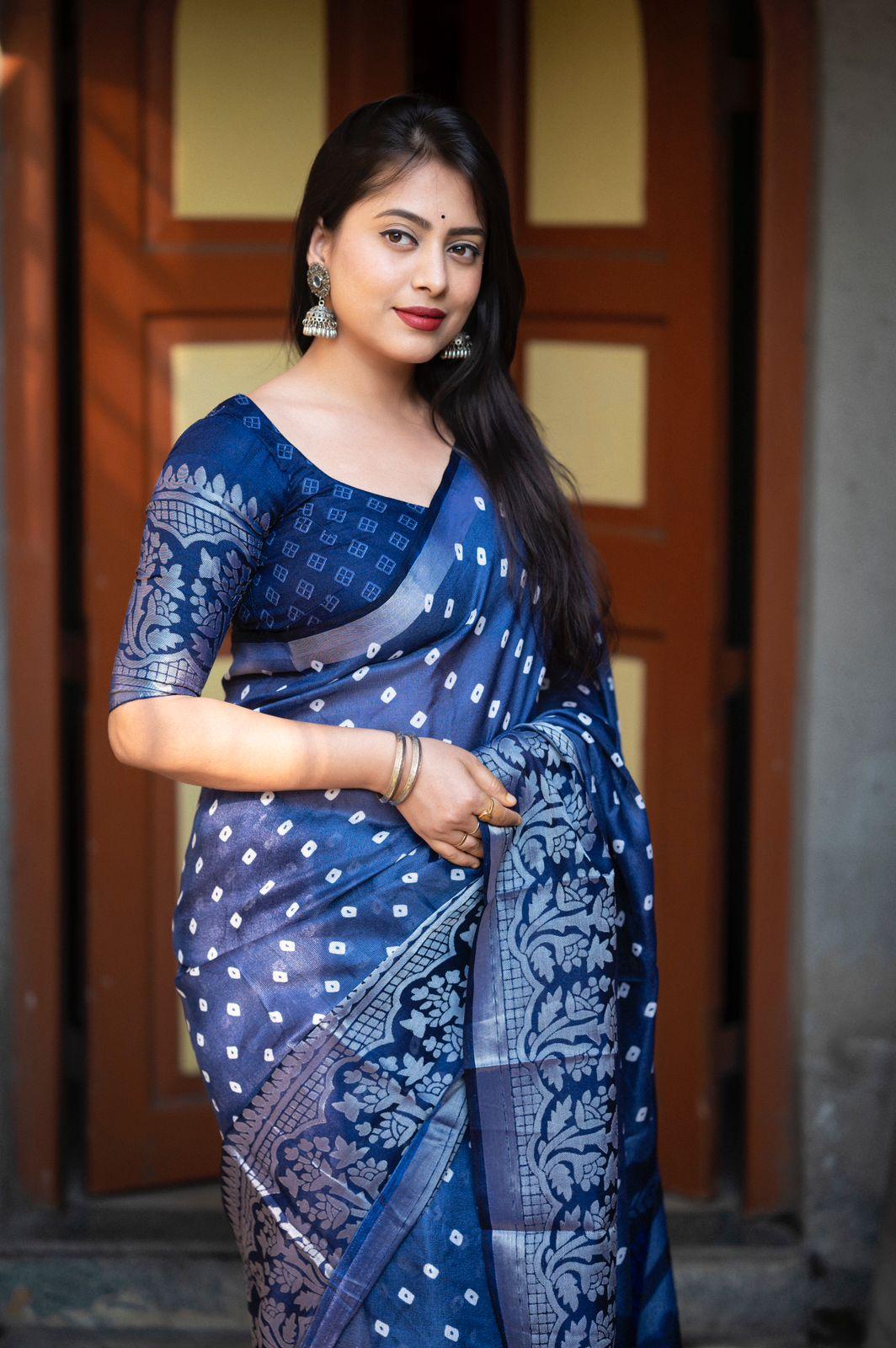 Lightblue Jute Silk Printed Saree with Unstitched Blouse - Hiral Fashion | Swadesiicart