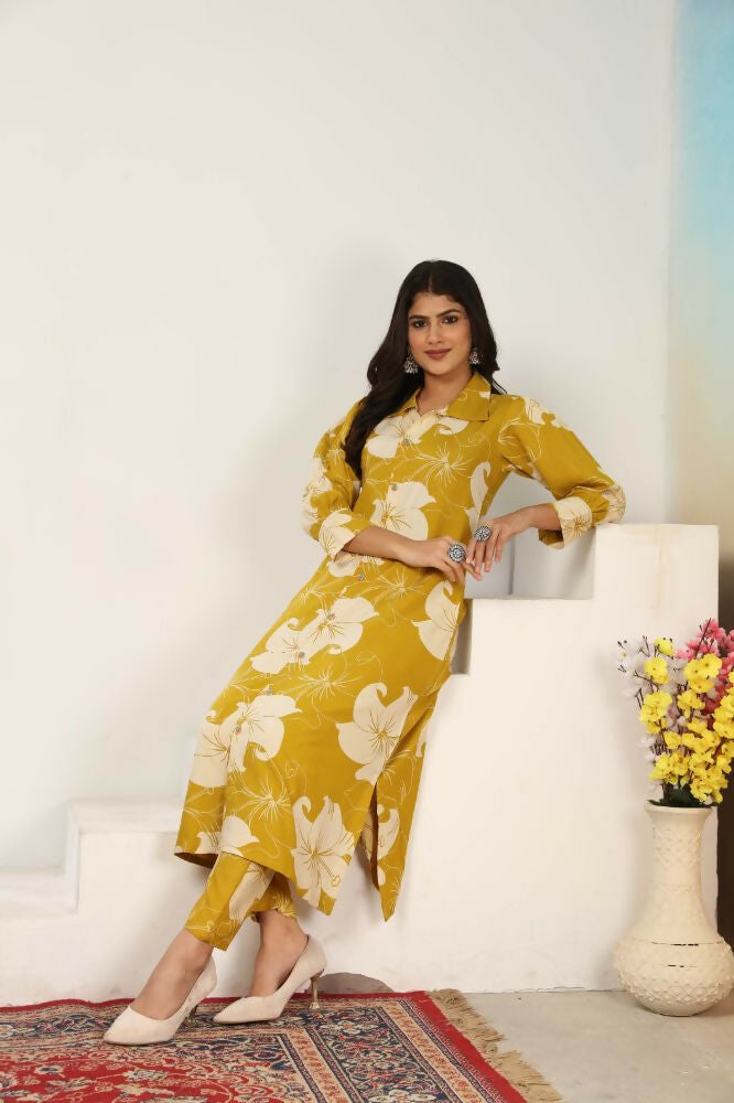 Jyoti Fashion Women's Mustard Rayon Floral Print with Side Pocket Kurtis & Sets | Swadesiicart