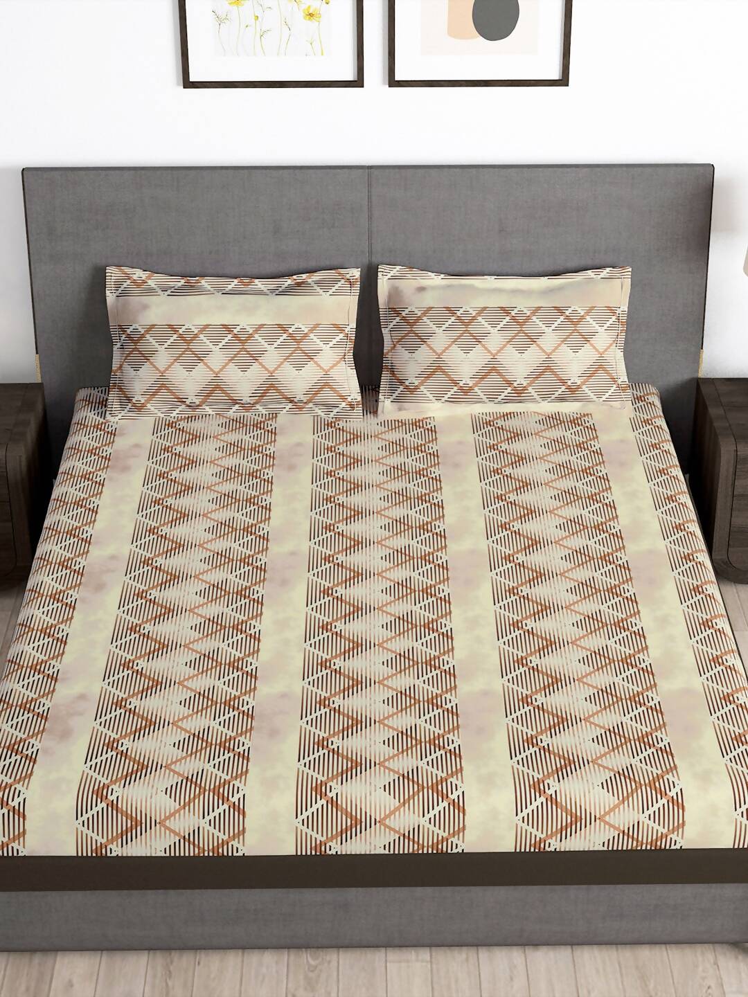 Story@home Brown & White Striped Microfiber 180 TC Bedsheet With Pillow Cover - Swadesiicart