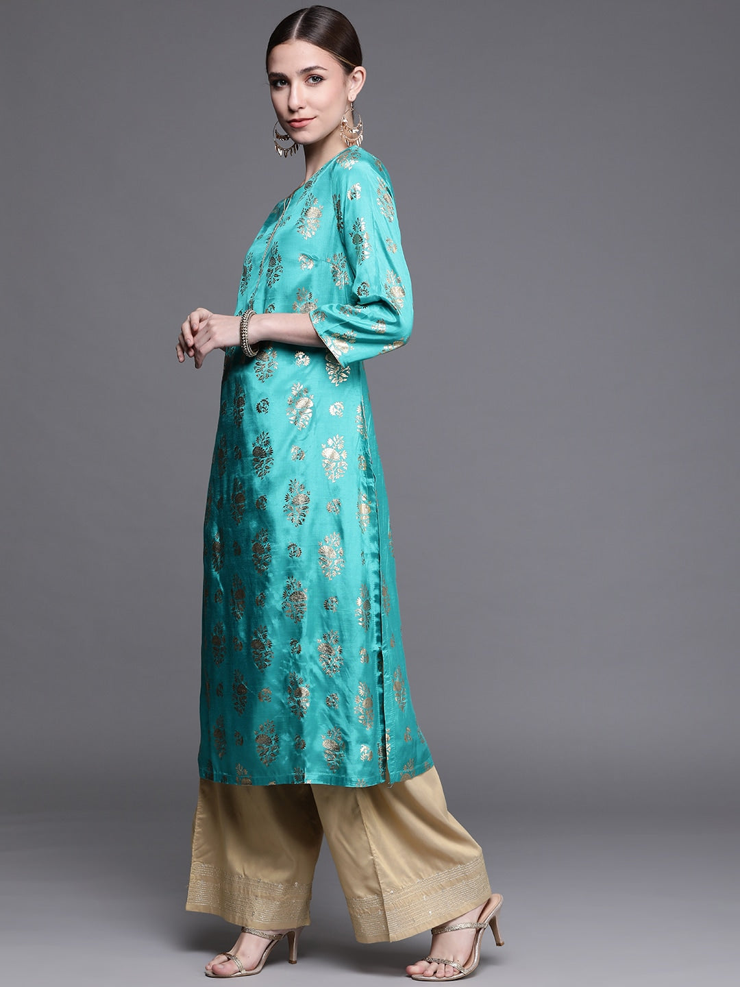 Biba Women Turquoise Blue Ethnic Motifs Foil Printed Keyhole Neck Kurta - Swadesiicart