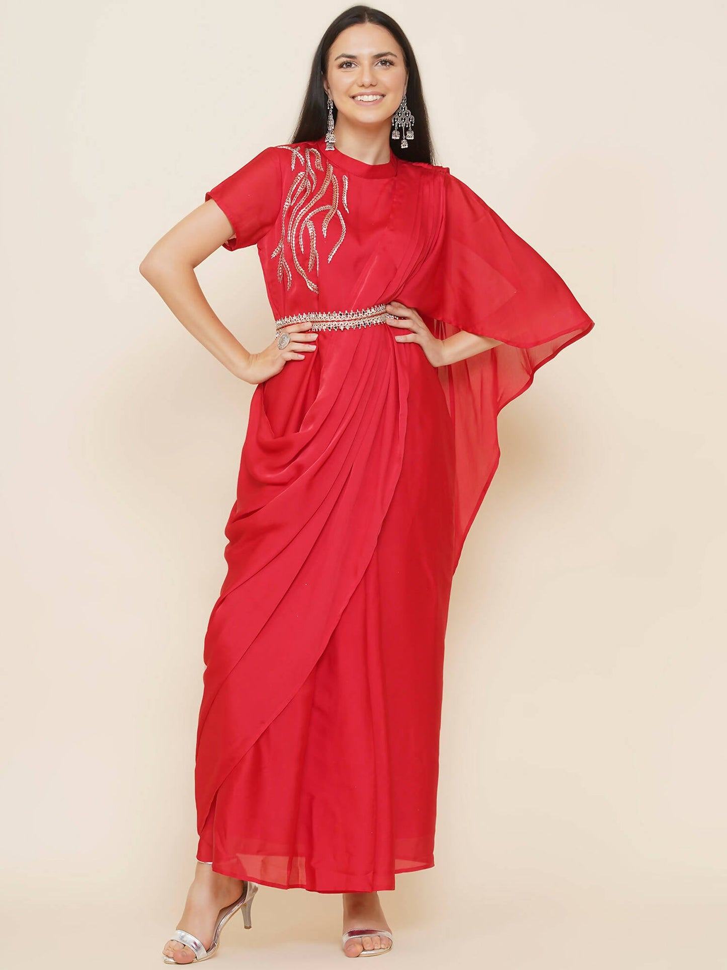 Women Republic Red Hand Embelleshed Gown With Drape | Swadesiicart