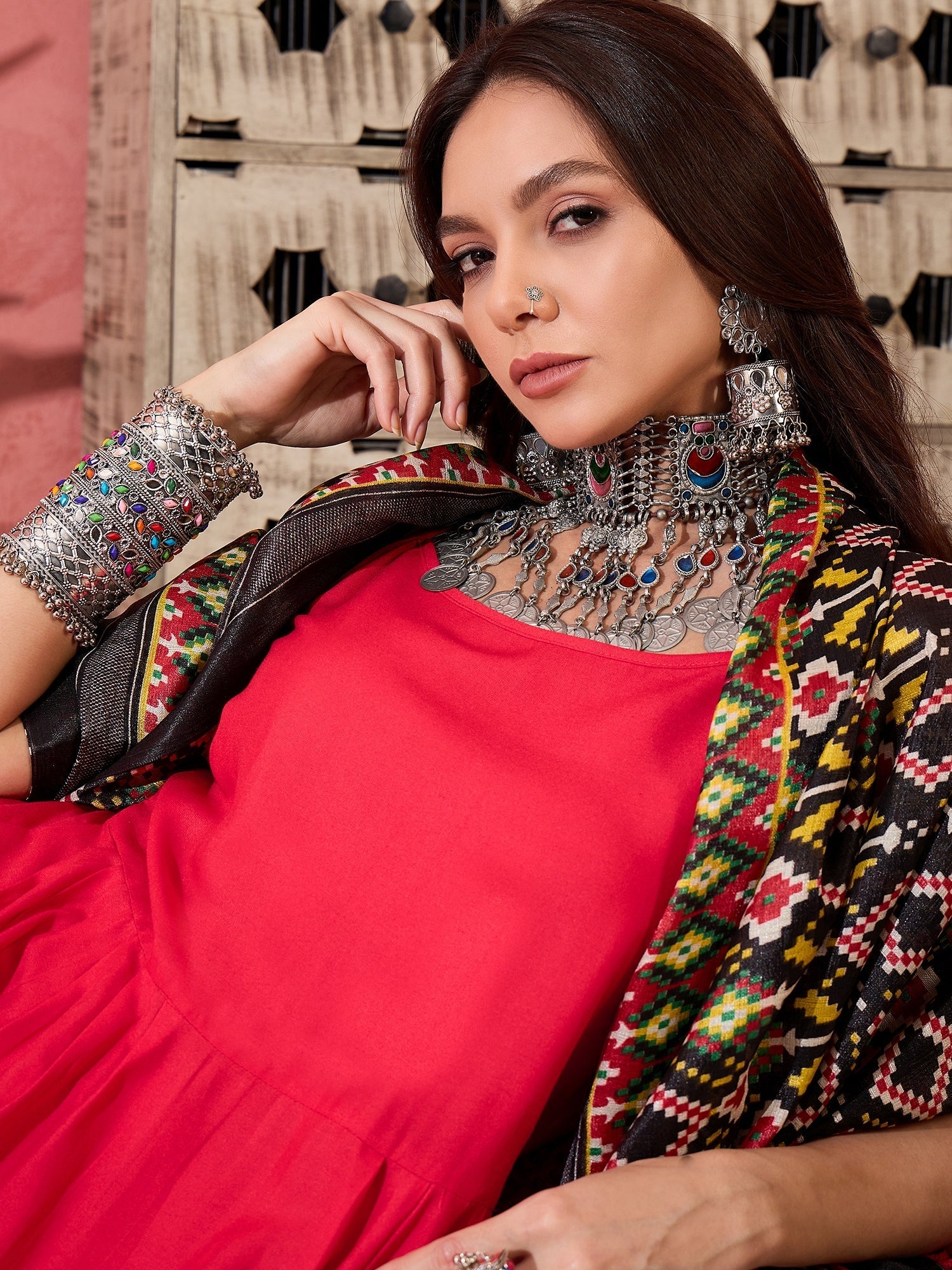 InWeave Red Strappy Kurta Set Black Patola Dupatta - Swadesiicart
