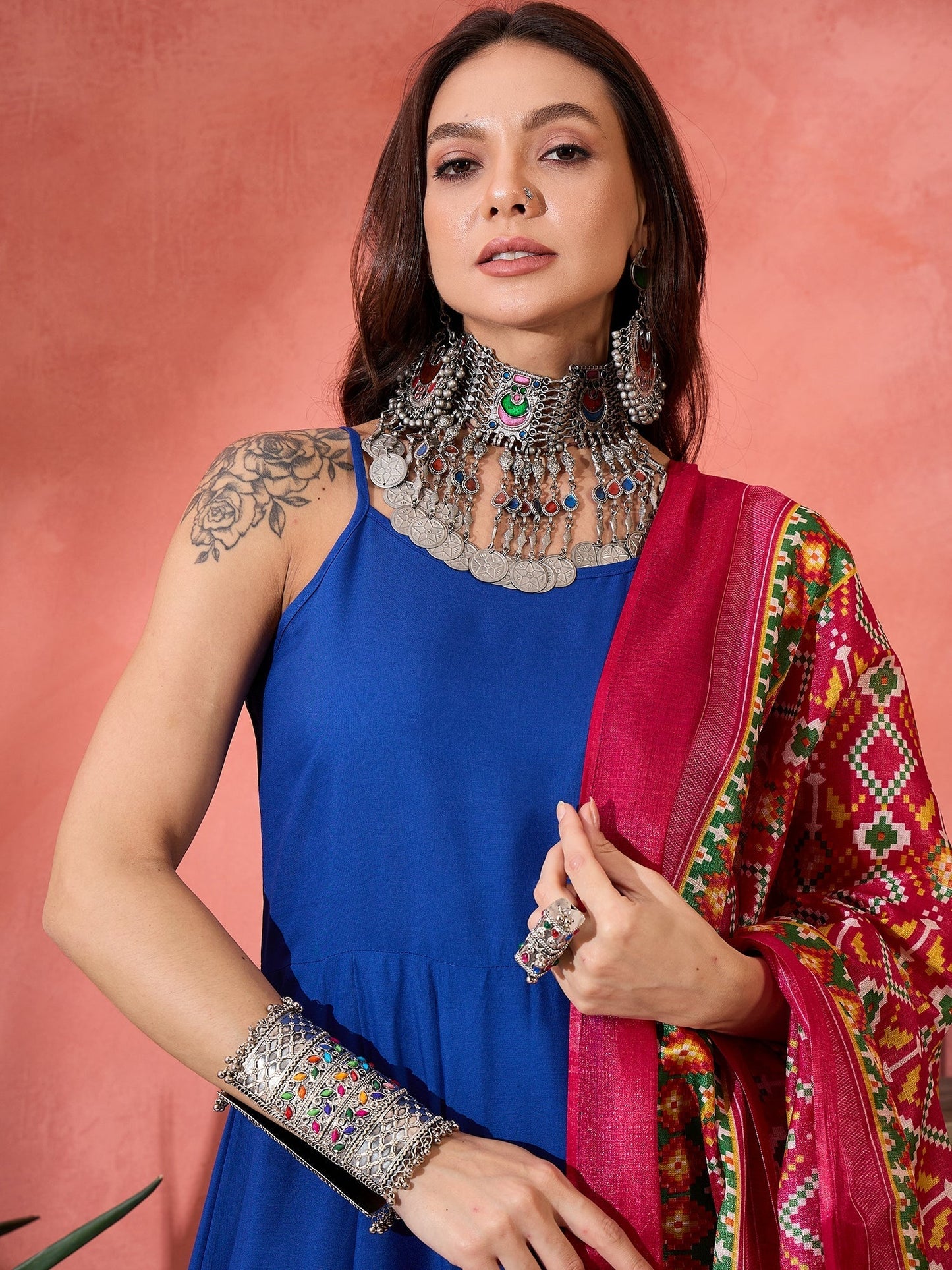 InWeave Ink Blue Strappy Kurta Set Pink Patola Dupatta - Swadesiicart