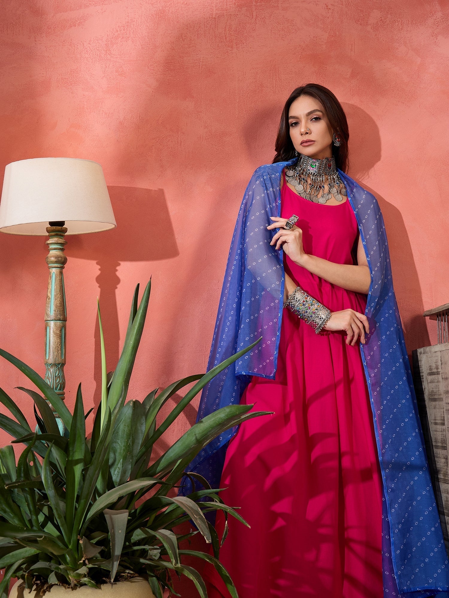 InWeave Fuchsia Strappy Kurta Set Blue Bandhani Or Dupatta - Swadesiicart