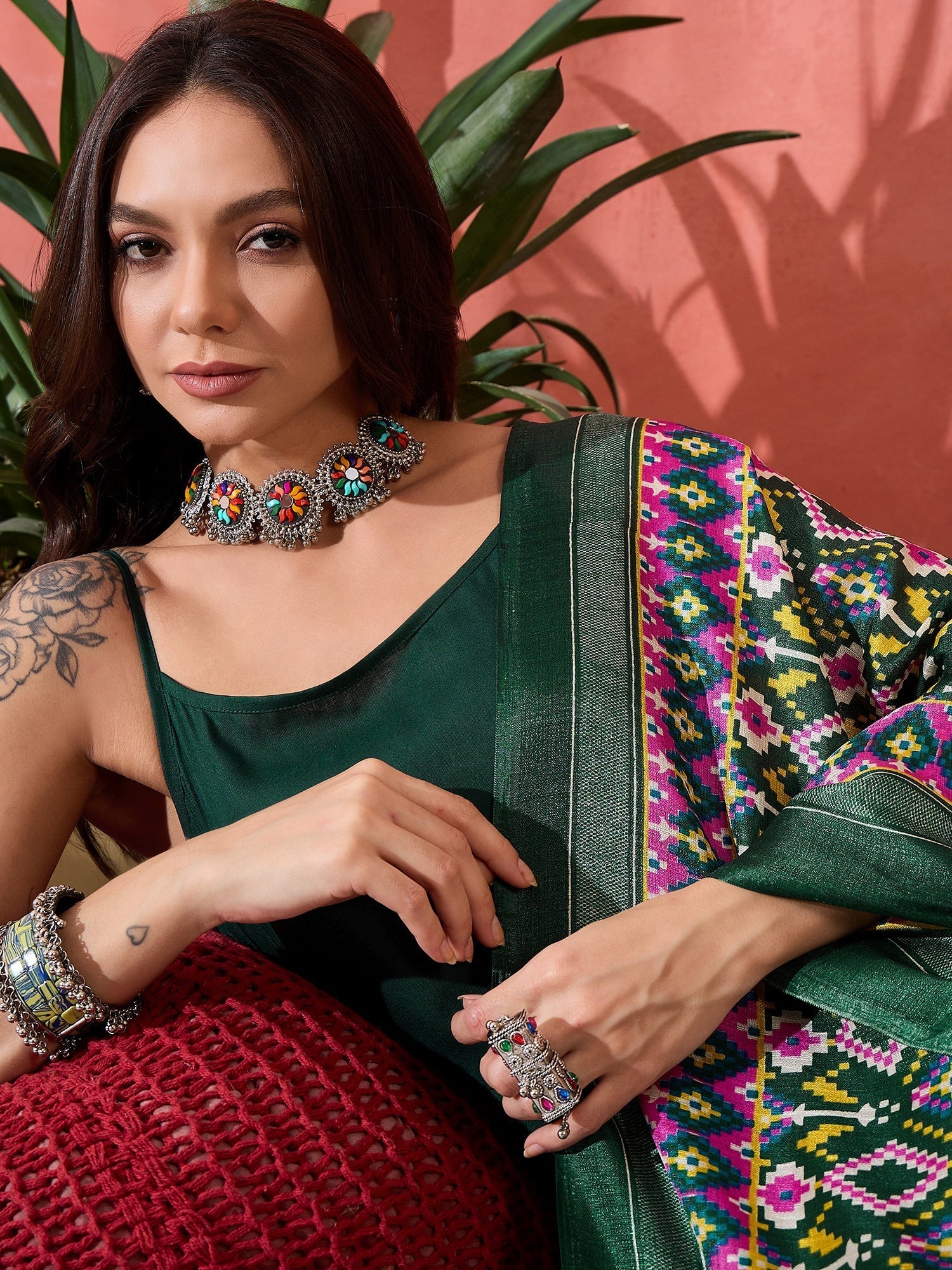 InWeave Green Strappy Kurta Set Green Patola Dupatta - Swadesiicart