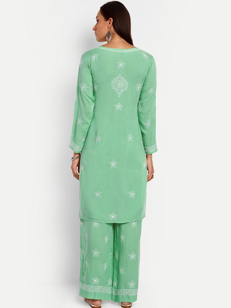 ADA Floral Embroidered Long Sleeves Regular Lucknowi Chikankari Kurta With Palazzos | Swadesiicart