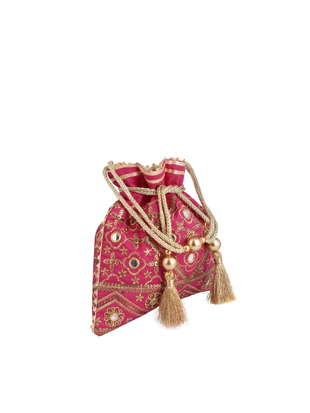 Masq Pink & Gold-Toned Embroidered Potli Clutch - Swadesiicart