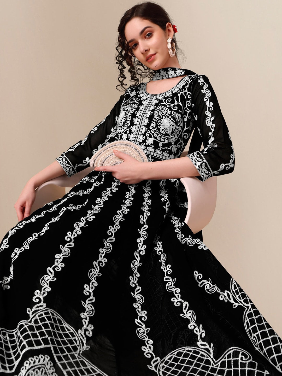 HERE&NOW Black Lucknowi Chikankari Embroidered Georgette Anarkali Kurta with Dupatta | Swadesiicart