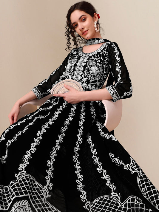 HERE&NOW Black Lucknowi Chikankari Embroidered Georgette Anarkali Kurta with Dupatta | Swadesiicart