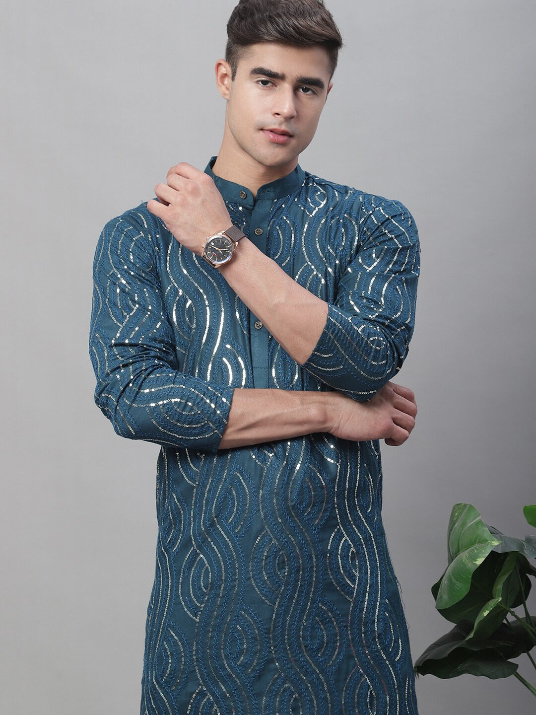 Sojanya Ethnic Motifs Embroidered Sequinned Pure Cotton Kurta with Churidar | Swadesiicart