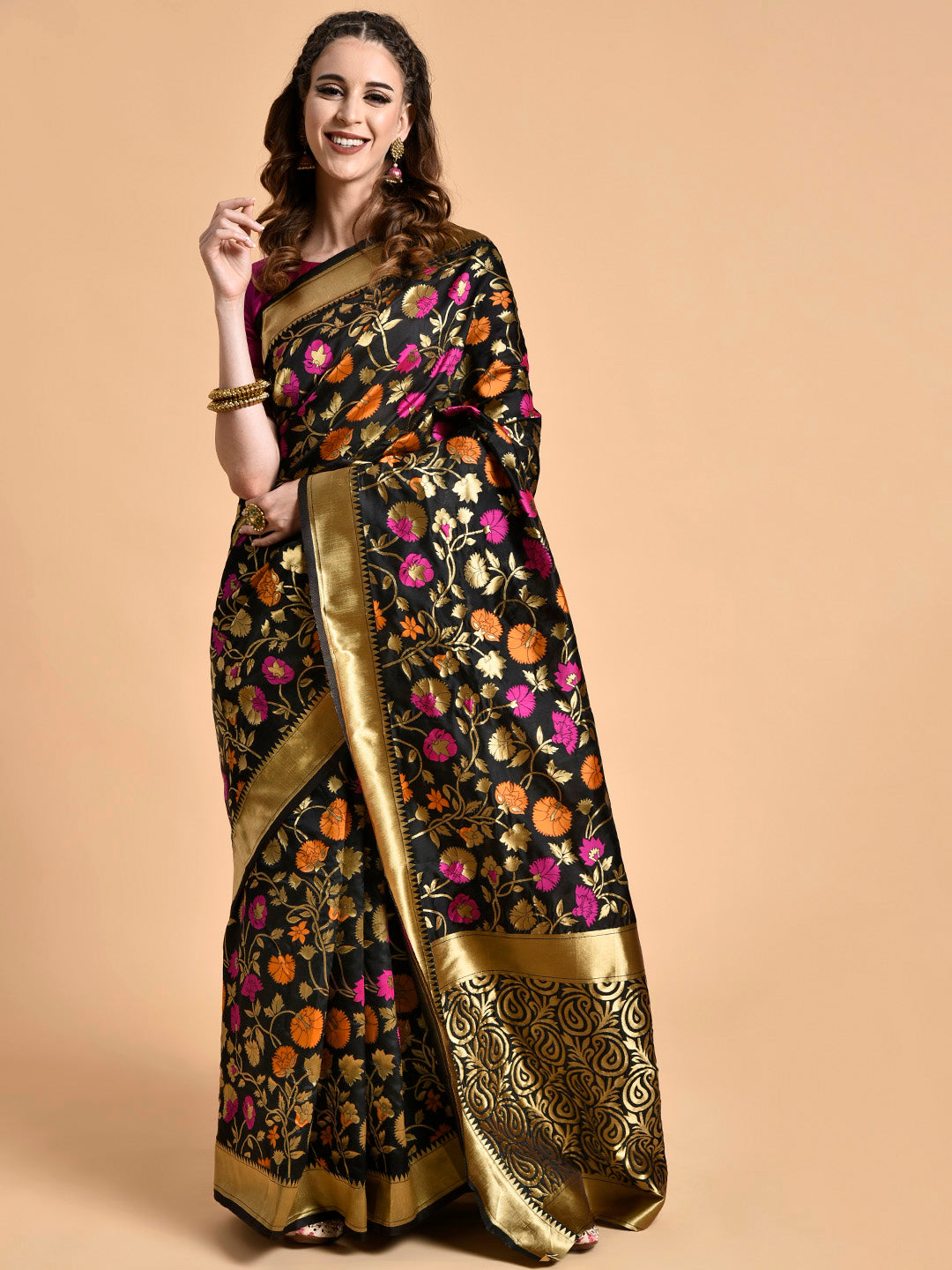 Sangria Black & Pink Floral Zari Silk Blend Banarasi Saree | Swadesiicart