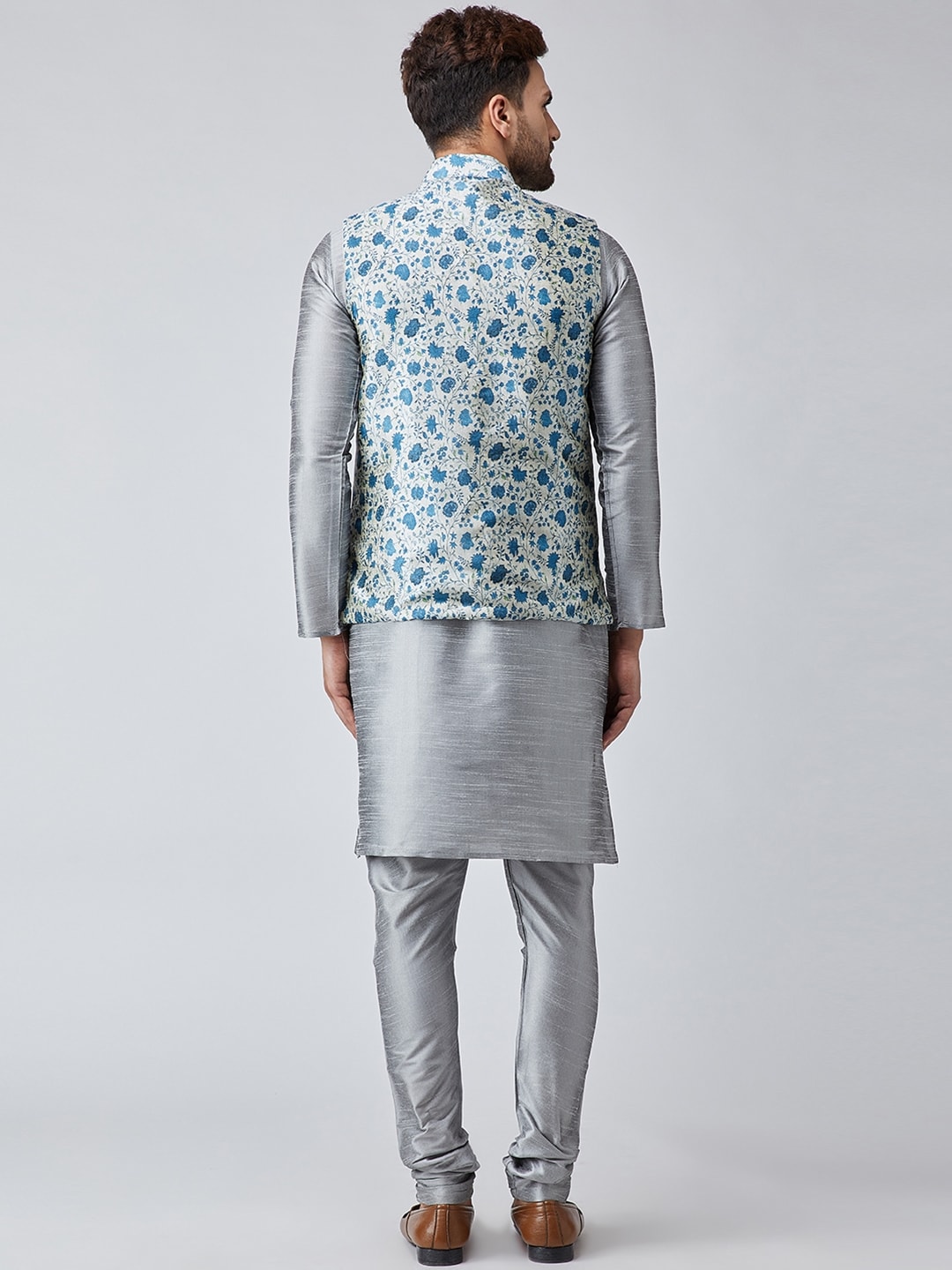 Sojanya Men Grey & Blue Self Design Kurta with Churidar & Nehru Jacket | Swadesiicart