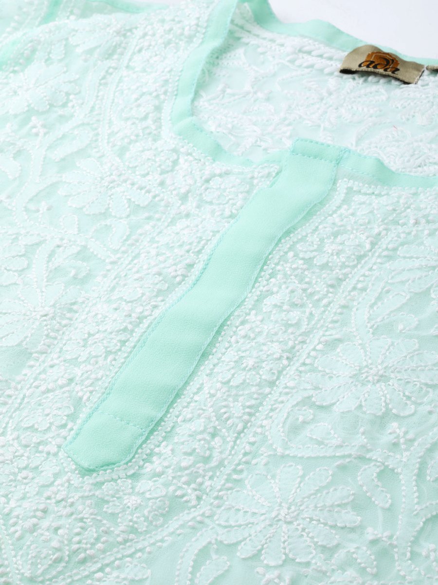 ADA Women Sea Green & White Chikankari Hand Embroidered Straight Sustainable Handloom Kurta | Swadesiicart