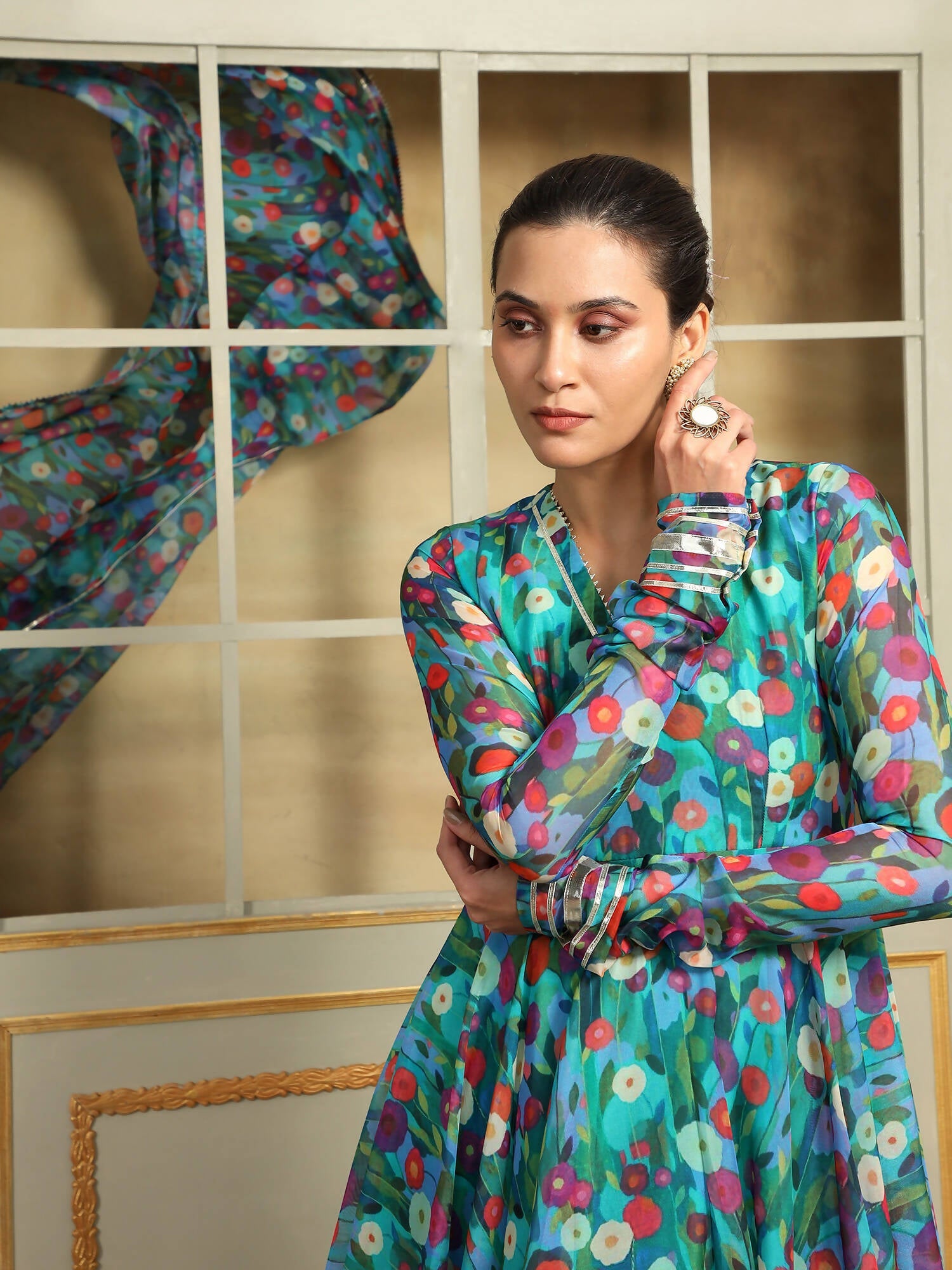 Pomcha Jaipur Blue Saadgi Phulwari Anarkali Set | Swadesiicart