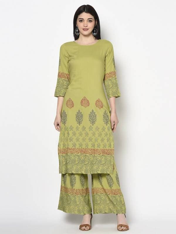Aniyah Rayon Parrot Green Color Block Print Straight Kurta (AN-198K) - Swadesiicart