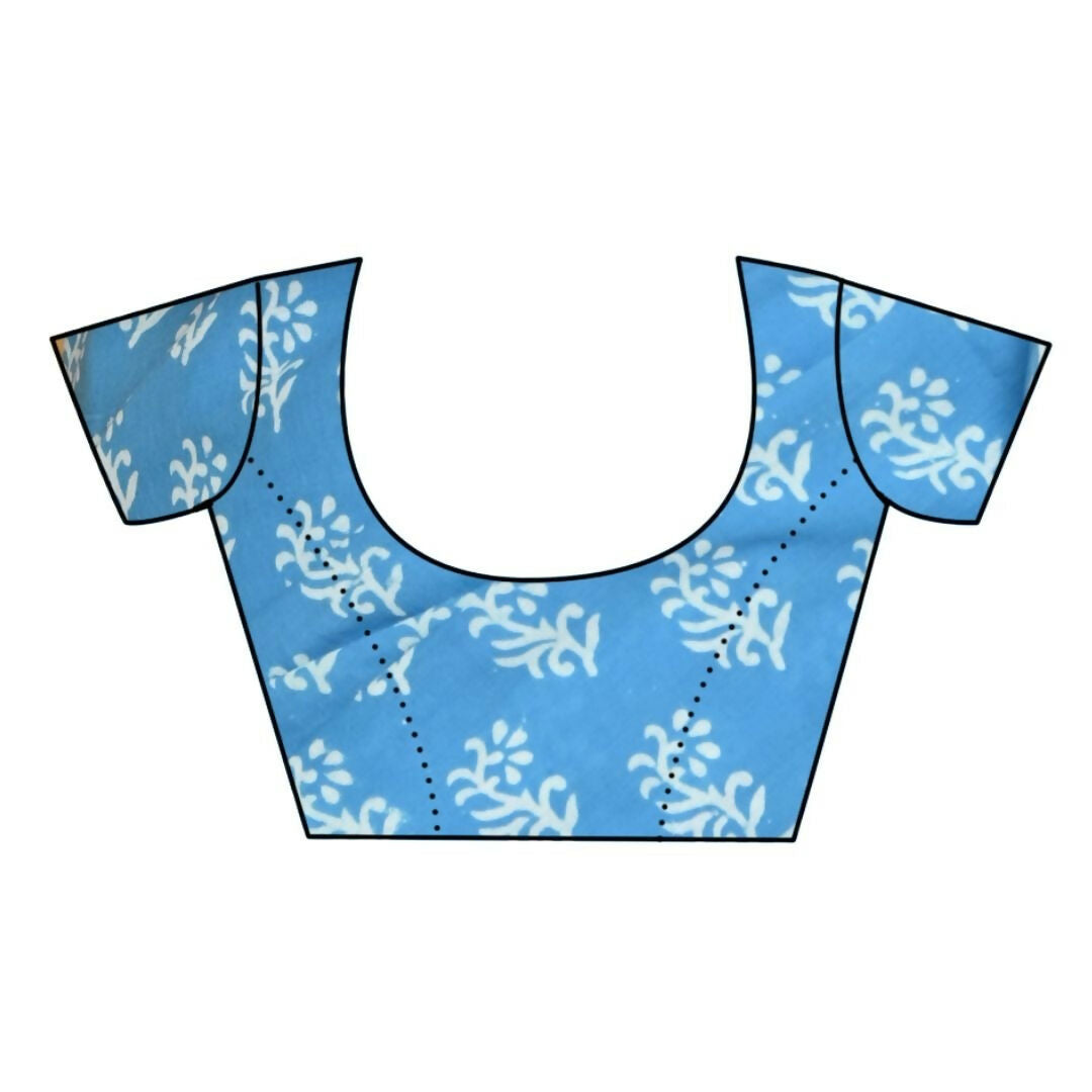 Very Much Indian Handblock Printed Cotton Saree With Natural Dyes - Sky Blue | Swadesiicart