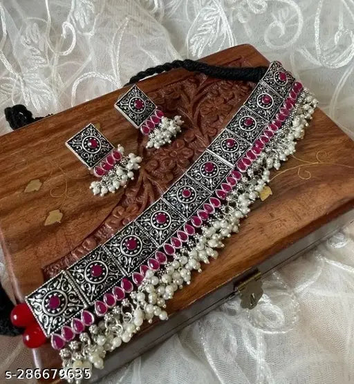 Tehzeeb Creations Women Silver Plated Necklace With Beads And Pearl - Swadesiicart
