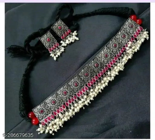 Tehzeeb Creations Women Silver Plated Necklace With Beads And Pearl - Swadesiicart