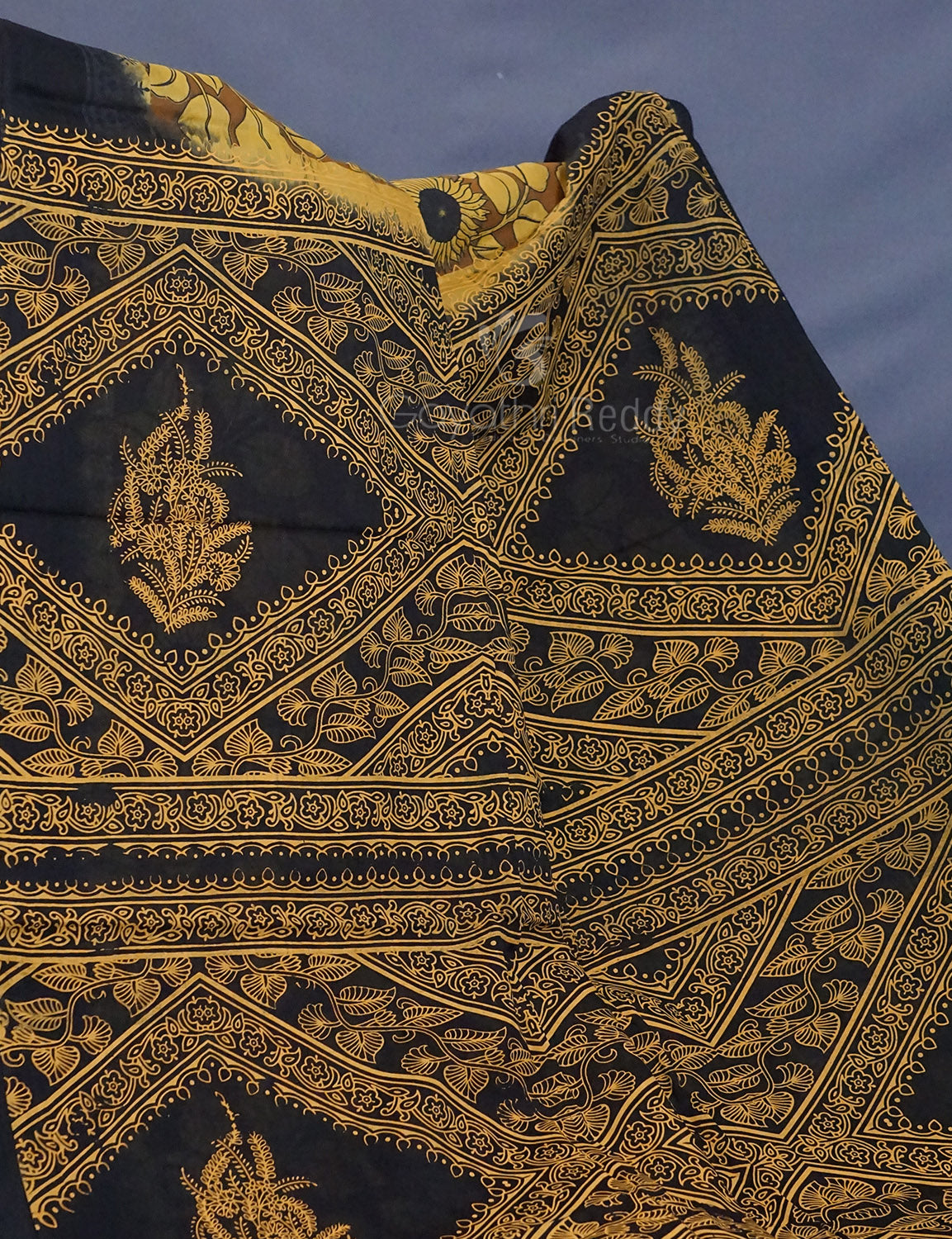 Shades of Khaki And Mustard Colour Kalamkari Pure Mulmul Cotton Saree By Gayathri Reddy Designer Studio | Swadesiicart