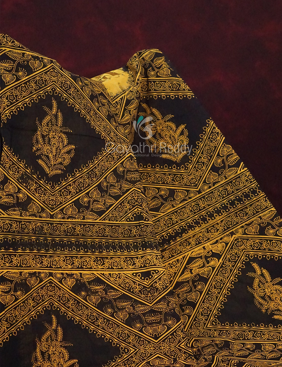 Mustard Yellow And Chikoo Coloured Block Print Handloom Mulmul Cotton Saree By Gayathri Reddy Designer Studio | Swadesiicart