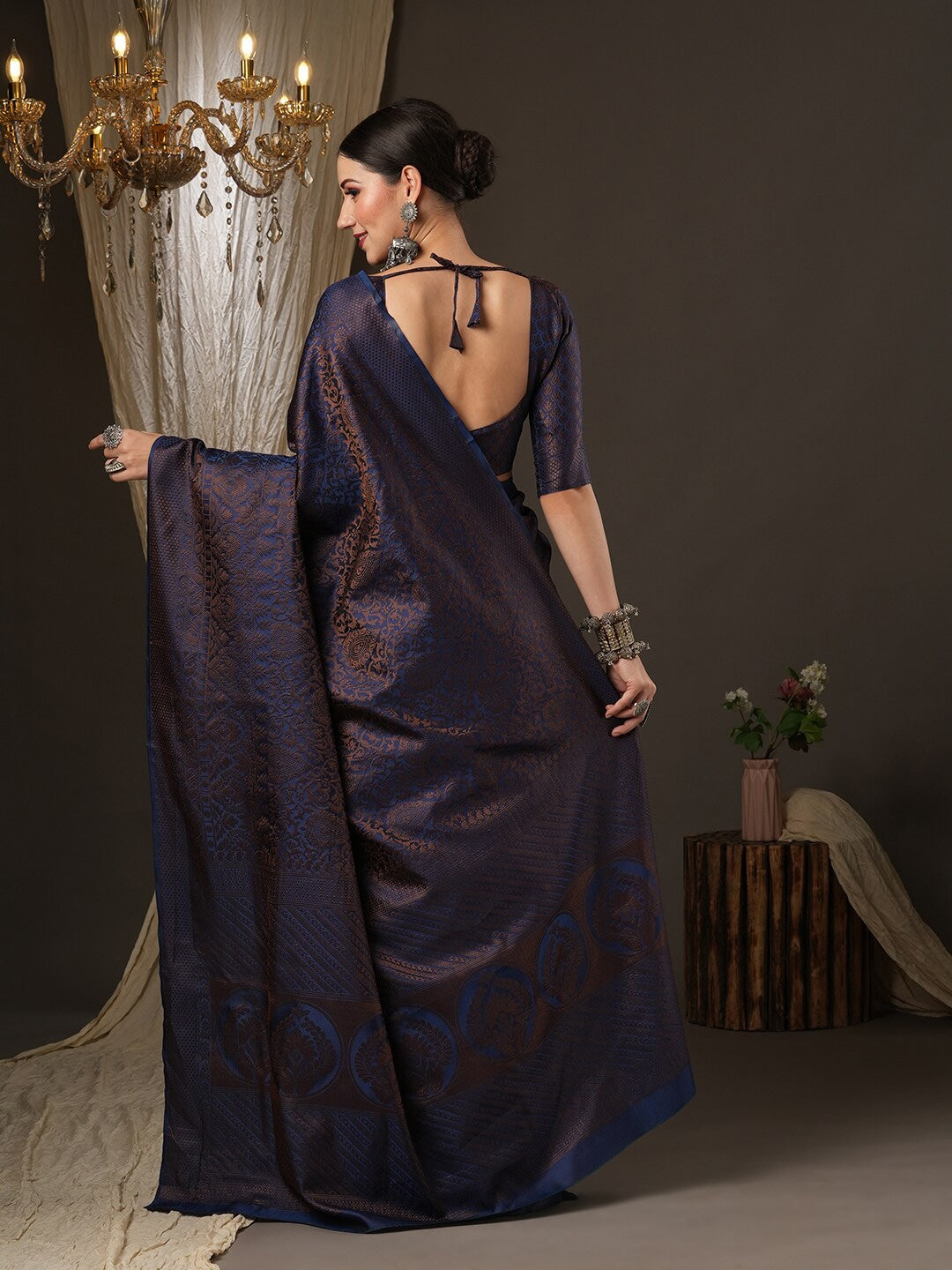 Saree Mall Navy Blue & Gold-Toned Woven Design Zari Silk Blend Banarasi Sarees | Swadesiicart