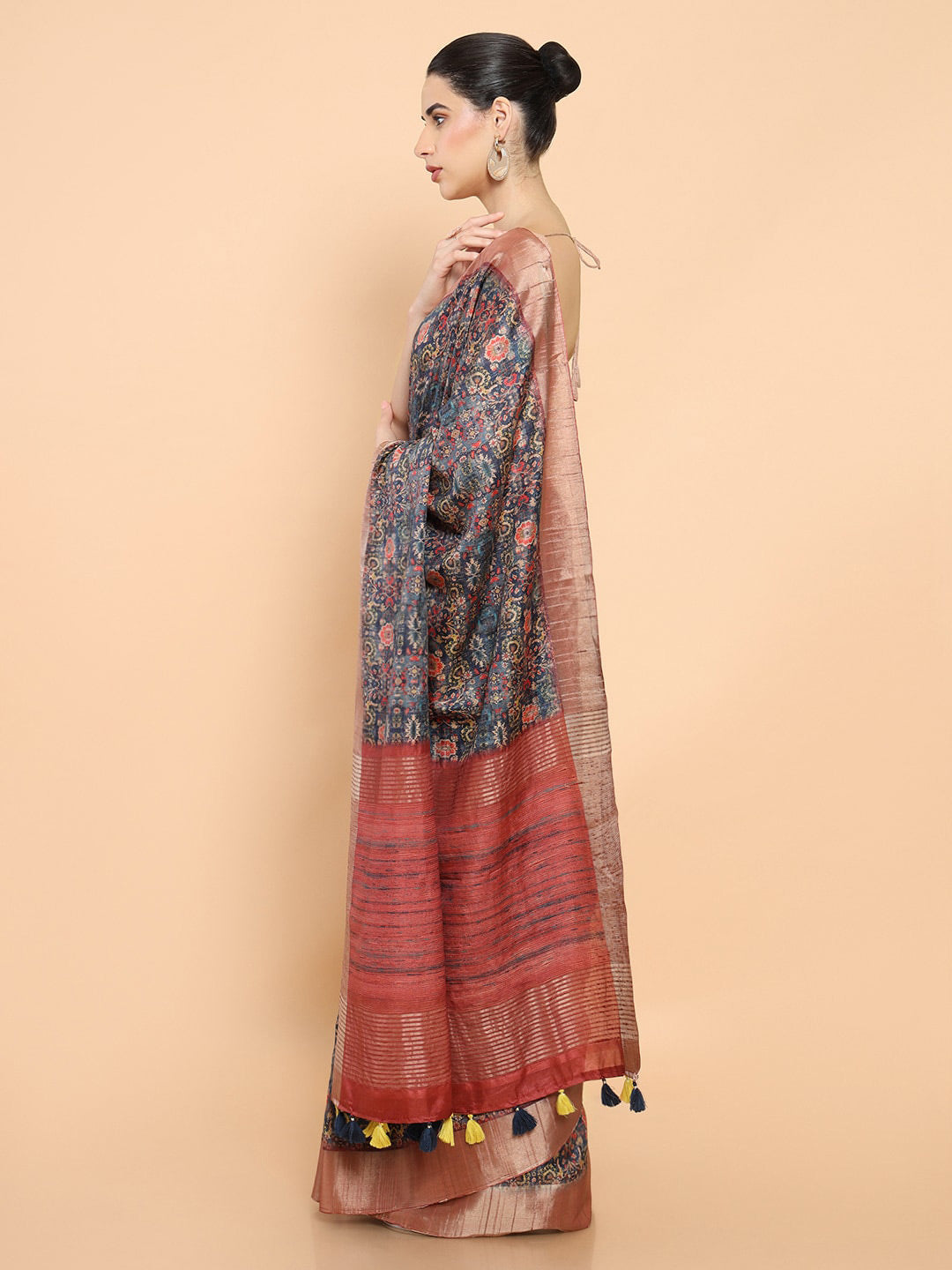 Soch Blue & Pink Floral Zari Silk Blend Ready to Wear Saree | Swadesiicart