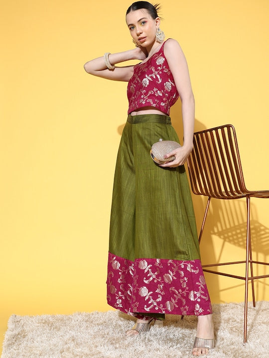 InWeave Women's Pink Brocade Strappy Top W Olive Pink Brocade Palazzo Set - Swadesiicart