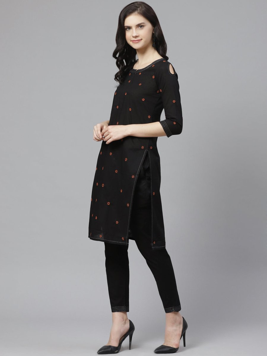 ADA Women Black & Rust Orange Chikankari Embroidered Sustainable Handloom Kurta with Trousers | Swadesiicart