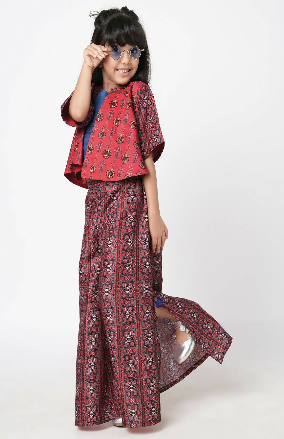 Lil Drama Ethnic Twist Girls Red Print Flared Palazzo With Top And Jacket Co-Ordinate Set - Swadesiicart