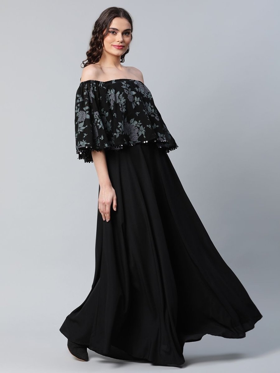 Ahalyaa Women Crepe Printed Black Dress | Swadesiicart