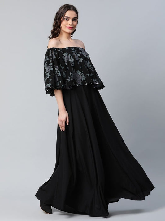 Ahalyaa Women Crepe Printed Black Dress | Swadesiicart
